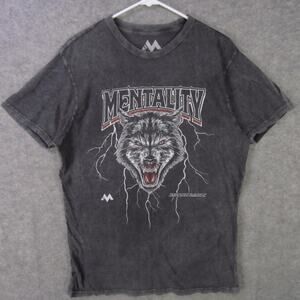 Mentality Shirt Mens Medium Black Acid Wash Wolf Graphic Lightning Vintage Style